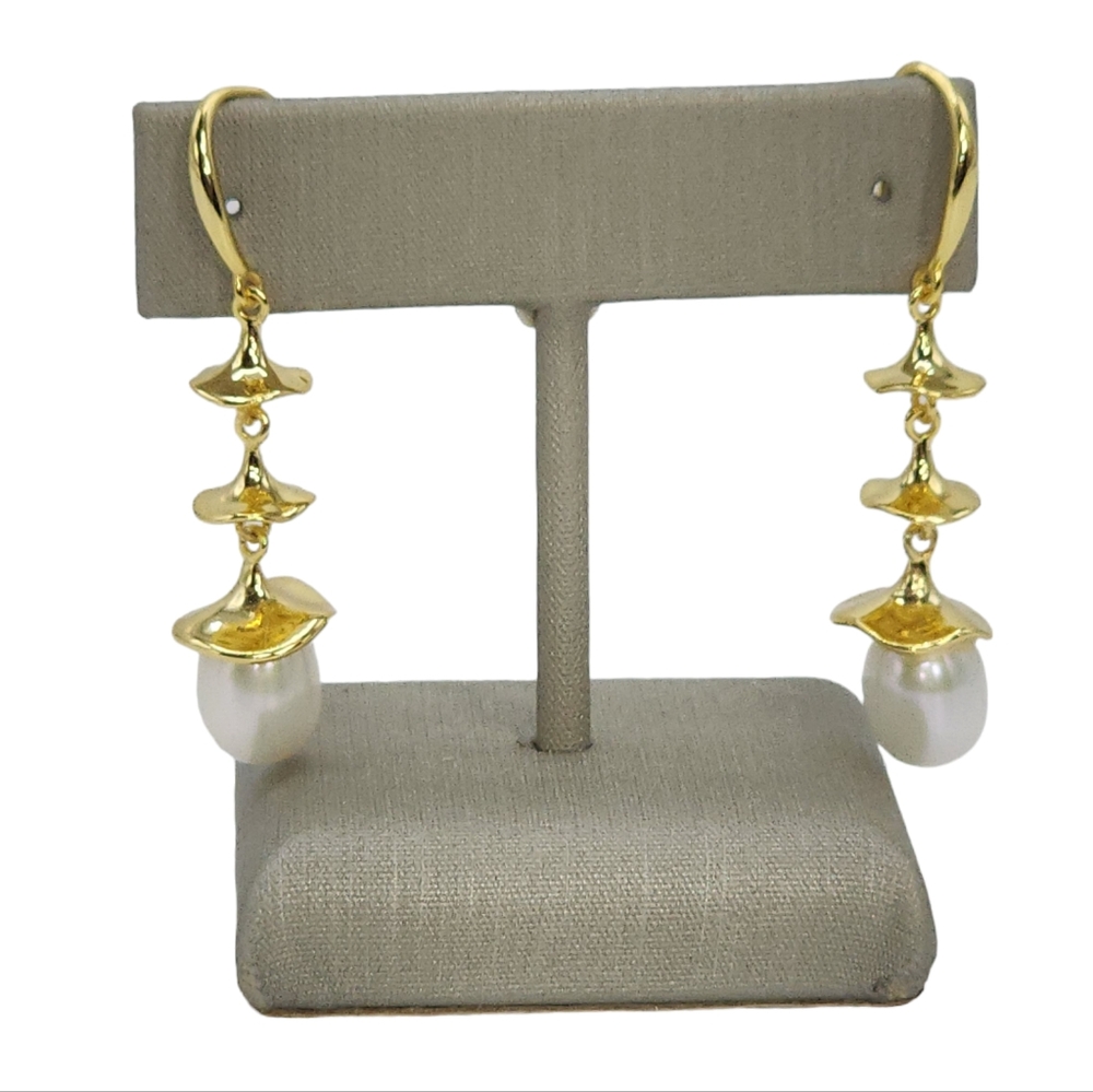 White Cultured Freshwater Pearl Hook Dangle Earrings Gold Plated Over 925S Silve